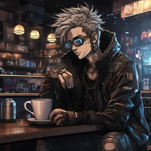 Prompt: Anime cyberpunk style, man in coffee shop, highly detailed, HD, dark background