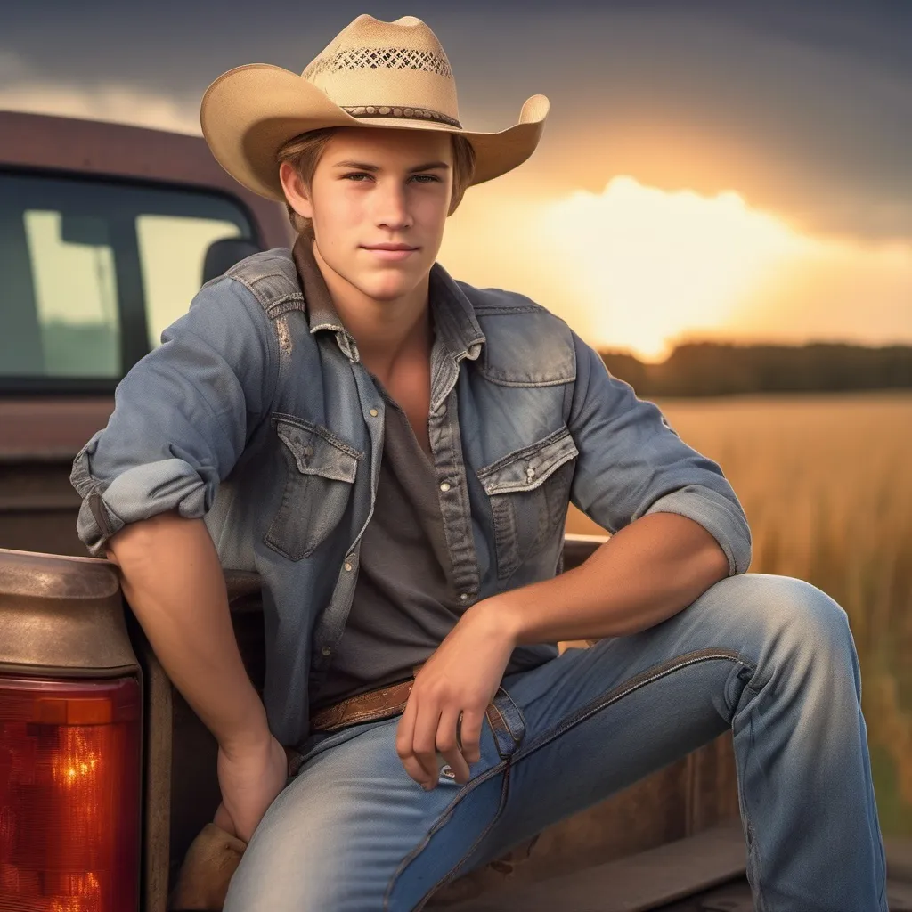 Prompt: Cute country boy sitting/leaning on the tail gate of his truck with his arms crossed, hot smirk on his face, in a cowboy hat