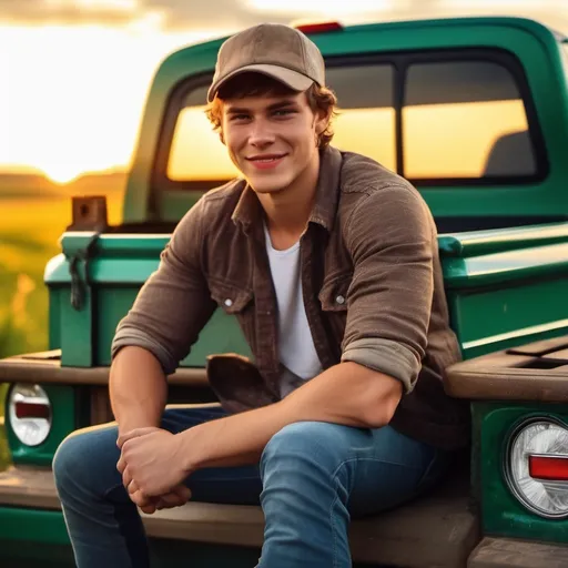 Prompt: Cute country boy sitting/leaning on the tail gate of his truck with his arms crossed, hot smirk on his face