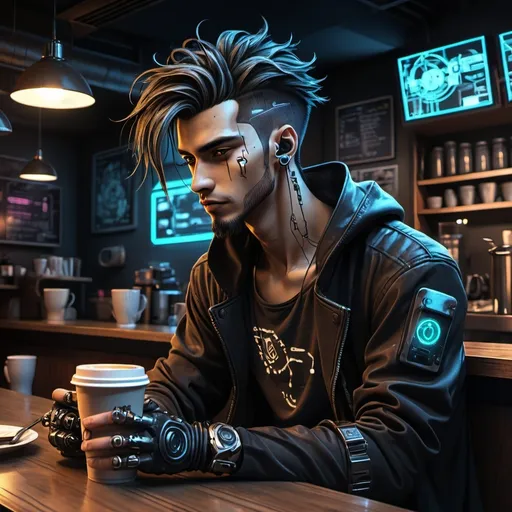 Prompt: Anime cyberpunk style, man in coffee shop, highly detailed, HD, dark background