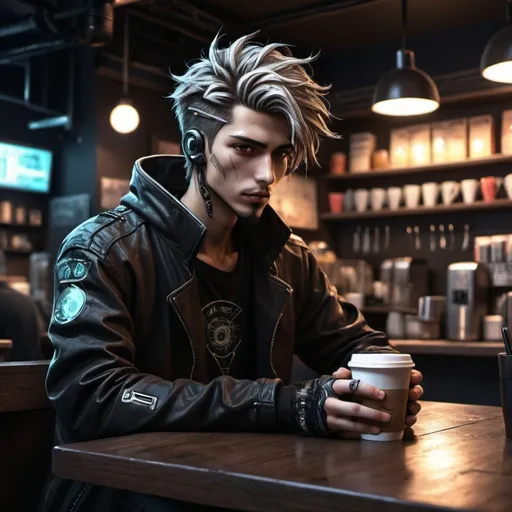 Prompt: Anime cyberpunk style, man in coffee shop, highly detailed, HD, dark background