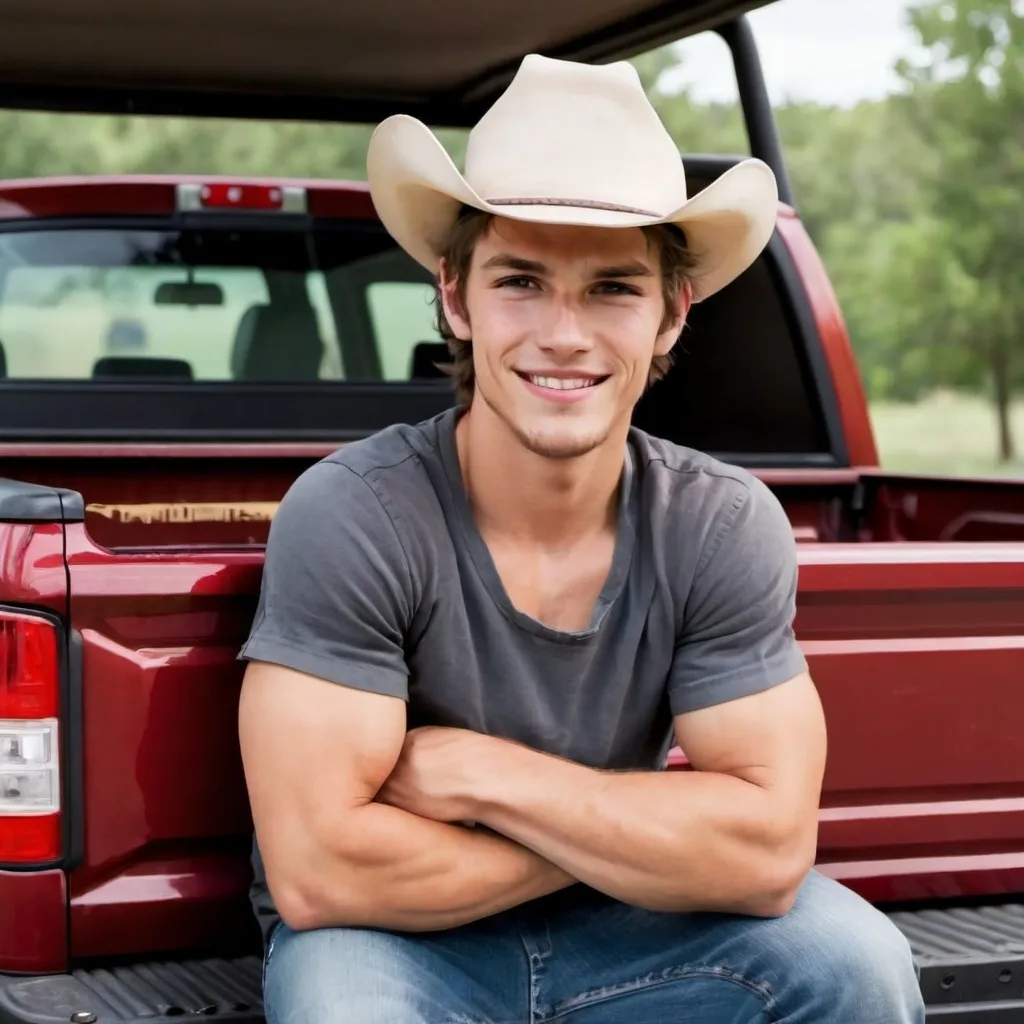 Prompt: Cute country boy sitting/leaning on the tail gate of his truck with his arms crossed, hot smirk on his face