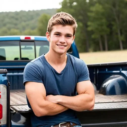 Prompt: Cute country boy sitting/leaning on the tail gate of his truck with his arms crossed, hot smirk on his face