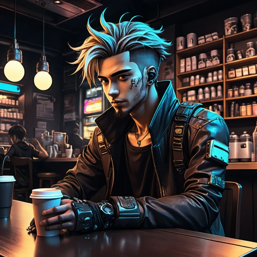 Prompt: Anime cyberpunk style, man in coffee shop, highly detailed, HD, dark background