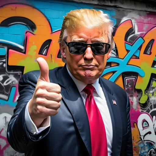 Prompt: Donald Trump wearing sunglasses, holding spray paint can, giving thumbs up, graffiti background, high quality, urban graffiti art, realistic, vibrant colors, street art, detailed features, professional lighting, expressive pose, aerosol art, political figure, urban lifestyle, bold and vivid style, cool tones, atmospheric lighting, aerosol art, vibrant urban colors