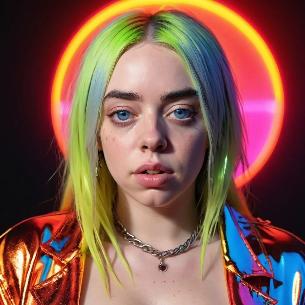 Prompt: billie eilish with plastic surgery wearing extremely revealing clothes and cleavage