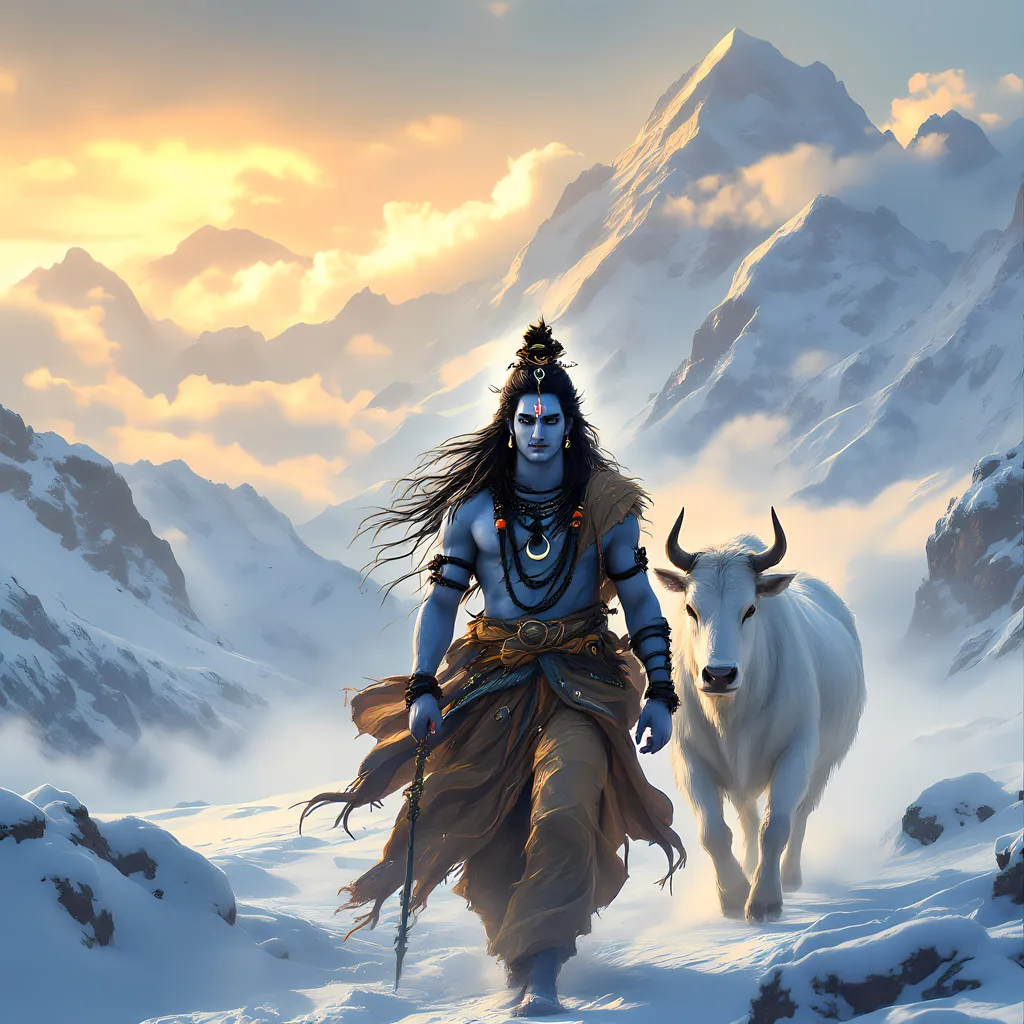 Prompt: "An epic, high-detail scene of male Lord Shiva walking beside Nandi the white bull on the snow-covered terrain of Mount Kailash. Lord Shiva is depicted with blue skin, long matted hair tied in a topknot with the crescent moon and flowing Ganga, adorned with rudraksha beads, tiger skin robe, and holding a trident (trishul). His expression is calm and divine, with a serene aura around his head. Nandi, his loyal white bull, walks faithfully at his side. The majestic Himalayan mountain peaks of Mount Kailash rise in the background, bathed in a golden-orange sunrise glow. Mist and clouds float around them, enhancing the divine, spiritual atmosphere. Style: ultra-realistic, cinematic, mystical, high-resolution. Lighting: soft divine glow, sunrise ambience."