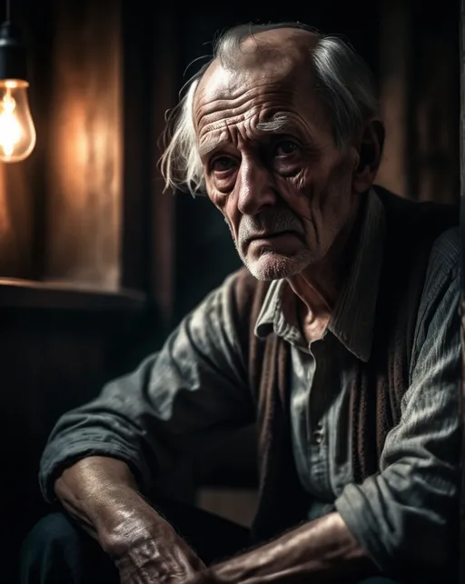 Prompt: photorealistic (horror themes), old man, sitting posture, intense gaze, expressive facial features, dimly lit surroundings, shadows creating a mysterious atmosphere, cozy yet eerie ambiance, captivating storytelling tone, detailed textures, high contrast lighting, grainy cinematic style, dramatic shadows, vintage feel, suitable for thrillers and stories documentary, ultra-detailed 4K image.