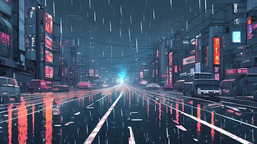 Prompt: rain sky, gray sky, highway, night, tokyo, walk on down, 4k, blue dodge, cars, nobody, tower lights , rain, anime background, makoto shinkai style, poster version