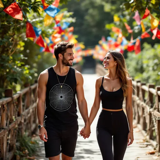 Prompt: A romantic scene unfolds on a picturesque bridge flanked by vibrant prayer flags fluttering in the gentle breeze, suggesting an outdoor setting that radiates warmth and tranquility. Two individuals—one male and one female—walk hand-in-hand down the bridge, sharing smiles that convey a sense of connection and joy. The male, dressed in a black tank top adorned with a circular graphic, exudes confidence with a thoughtful expression, while the female, in a fitted black outfit, appears playful and lighthearted, tilting her head slightly. Lush greenery surrounds them, enhancing the serene atmosphere, while the sunlight casts soft shadows on the path, emphasizing the couple's bond in this moment. The composition draws the eye toward them as central figures, set against a backdrop of nature's beauty that enhances the overall narrative of love and adventure.