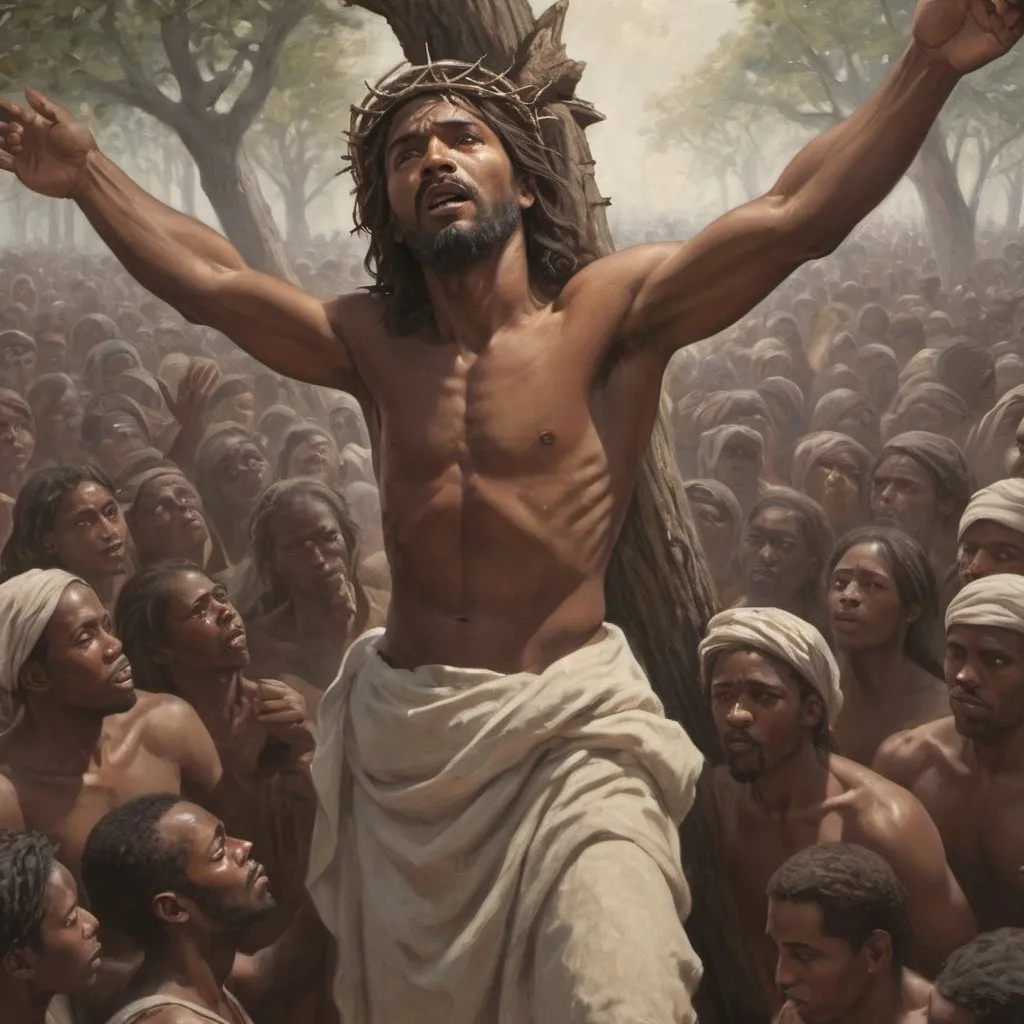 Prompt: African American Jesus at Calvary, dark brown complexion skin, the is cross hung up on a tree, he's holding out the open Bible in one hand, his hand and feet are nailed to the cross, on his head he's wearing crown of thorns, a crowd of people surround around him with their hands lifted up in praise and bowing down to him