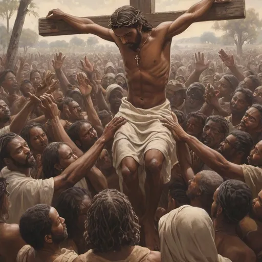 Prompt: African American Jesus at Calvary, dark brown complexion skin, the is cross hung up on a tree, he's holding out the open Bible in one hand, his hand and feet are nailed to the cross, on his head he's wearing crown of thorns, a crowd of people surround around him with their hands lifted up in praise and bowing down to him