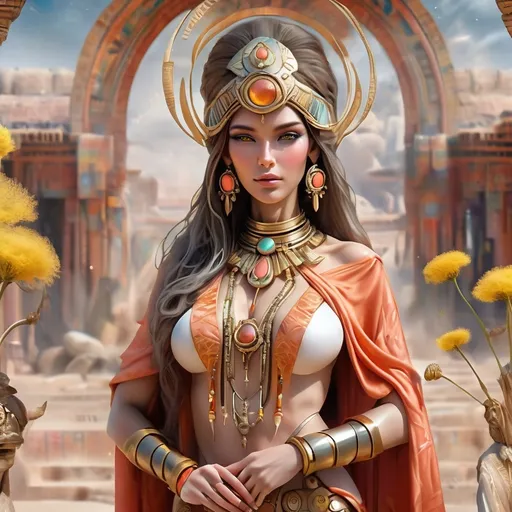 Prompt: Hyper-realistic full body woman, (ancient and futuristic priestess outfit), a blend of all world cultures, (coral), accented with (Canary Yellow and Dandelion Yellow), stunning details on outfit textures, captivating facial features, intricate patterns evoking a sense of mystique, richly layered background with ethereal elements, harmonious atmosphere, ultra-detailed, vibrant colors, enchanting aura.