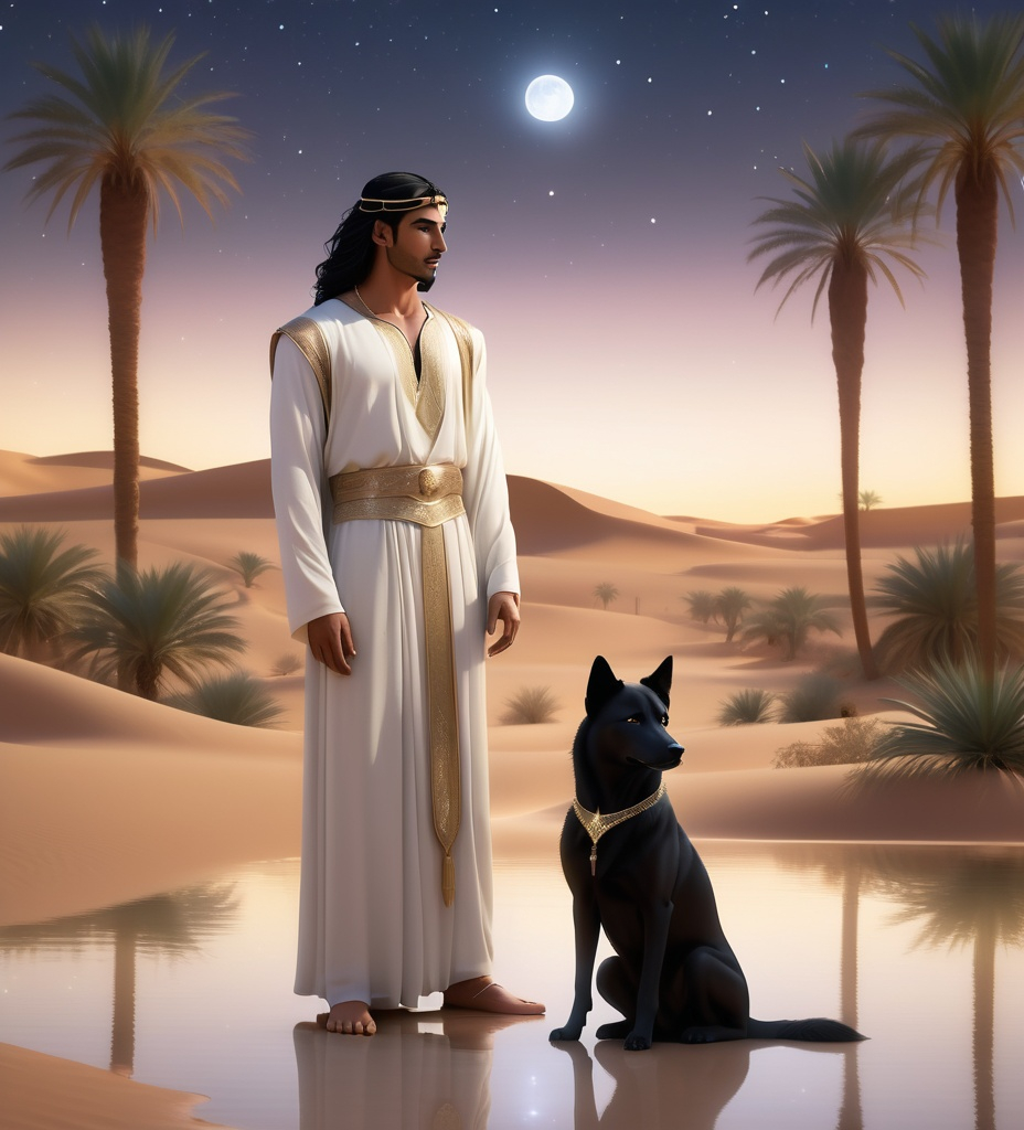 Prompt: A handsome and seductive Saudi Arabian male Jinn, ethereal and enigmatic, standing gracefully next to a striking black Canaan Dog, in a mystical desert oasis. The scene is illuminated by shimmering moonlight, casting enchanting reflections on serene water. Lush palm trees frame the background, enveloped in a soft, dreamlike haze. Sand dunes glisten under a starlit sky, creating a tranquil yet captivating atmosphere, ultra-detailed, HD.