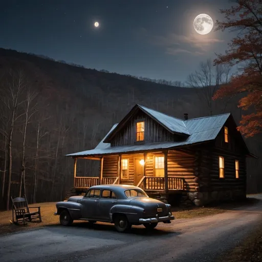 Prompt: moonrise over a smoky cabin in the Appalachian mountains. moonshiner car in driveway. man in rocking chair on porch