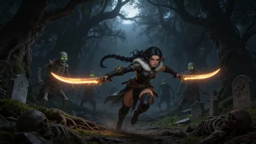 Prompt: @eDmnbQh2V5G1Xp5eWREq fighting a horde of undead, she's holding two shamshir scimitars, the setting is in a dark spooky forest, the scimitars emit a warm light while the background is cold and dark