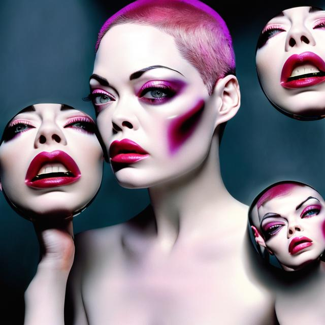 Prompt: Multiple ultra high definition clones of Rose McGowan in a 1998 high fashion photograph, realistic lighting, detailed features, drugged haze, pills, edgy high fashion, 4k, high definition, sleepy eyes, fashion photography, artistic, stylish, professional, realistic, high fashion