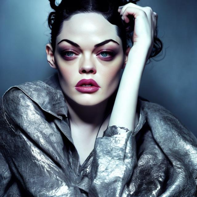 Prompt: Young Rose McGowan with long hair in high fashion photo, realistic lighting, drugged haze, edgy high fashion, 4k, high definition, detailed features, pills, high-res, high-detail, fashion, sleepy eyes, fashion photography, professional, artistic, stylish