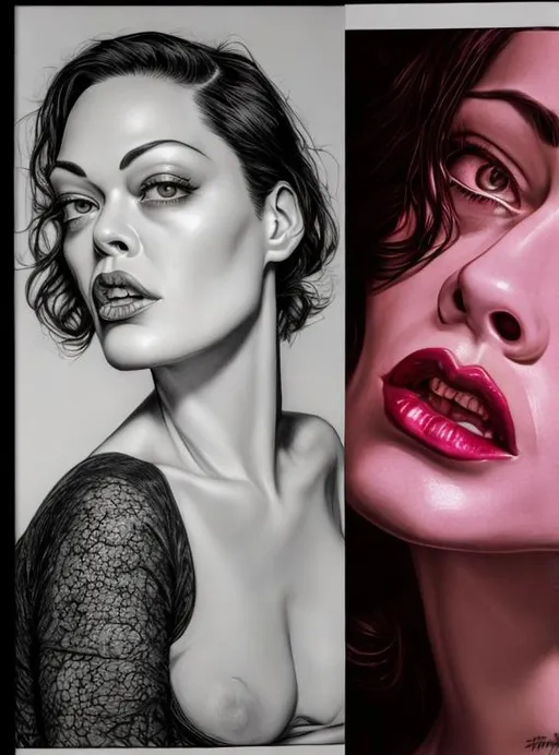 Prompt: Detailed portrait of Rose McGowan, professional, realistic shading, high contrast, classic lighting, monochrome, film noir style, hot pink dress, high quality, detailed features, intense expression, black and white, classic, high-res, professional lighting, realistic portrait, high contrast, macabre, detailed features, hot pink dress, intense expression