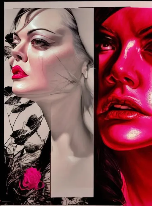 Prompt: Detailed portrait of Rose McGowan, professional, realistic shading, high contrast, classic lighting, monochrome, film noir style, hot pink dress, high quality, detailed features, intense expression, black and white, classic, high-res, professional lighting, realistic portrait, high contrast, macabre, detailed features, hot pink dress, intense expression