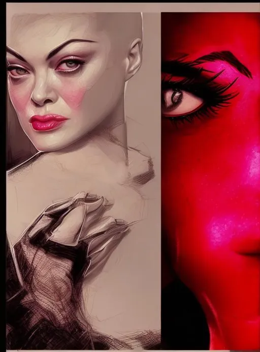 Prompt: Detailed portrait of Rose McGowan, professional, realistic shading, high contrast, classic lighting, monochrome, film noir style, hot pink dress, high quality, detailed features, intense expression, black and white, classic, high-res, professional lighting, realistic portrait, high contrast, macabre, detailed features, hot pink dress, intense expression