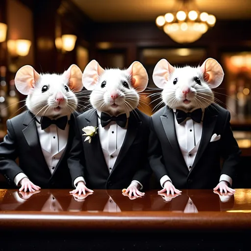 Prompt: mice in tuxedos at a fancy hotel bar