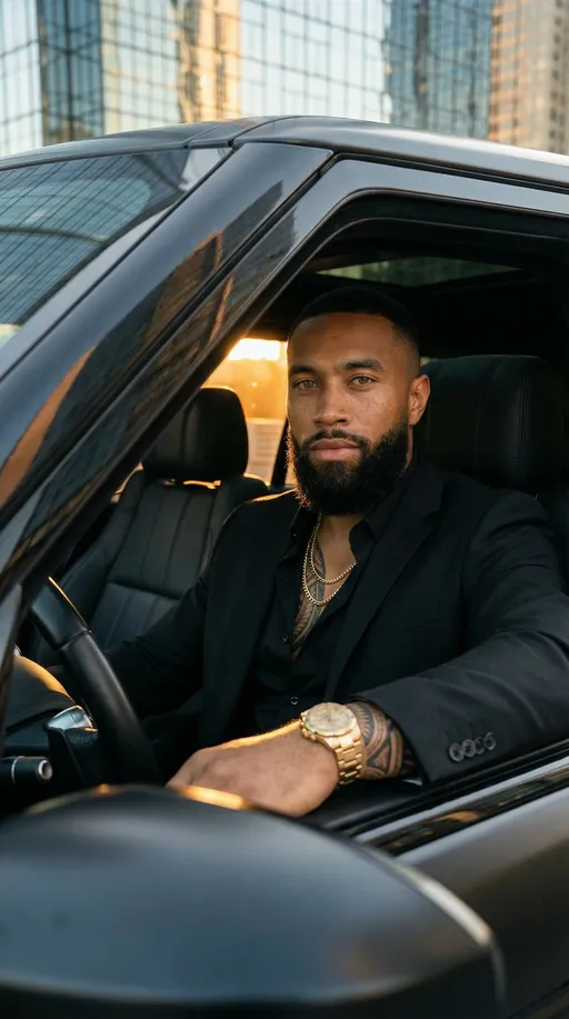 Prompt: Ultra-realistic cinematic portrait of a half-Black, half-Samoan male in his early 30s sitting in the driver’s seat of a matte black luxury SUV at golden hour in downtown Atlanta. He has warm brown skin with subtle golden undertones, strong Polynesian facial structure, defined jawline, calm and unreadable expression. Low fade haircut, clean sharp beard, deep brown eyes.
He is wearing a tailored black suit jacket with no tie, top two buttons of a black shirt open, layered gold chains resting naturally on his chest. A detailed Samoan tribal tattoo is visible near his wrist as his hand rests on the steering wheel. Gold luxury watch on his wrist catching warm sunlight.
Golden hour lighting streaming through the windshield, warm orange reflections from city skyscrapers on the glass. Shallow depth of field. Cinematic lens compression. Natural skin texture. High-end film still. Moody but powerful atmosphere. 4K ultra-realism. Professional color grading. Luxury drama aesthetic.
Camera angle: Slight side profile from passenger seat perspective, focus on his face and hand on steering wheel.