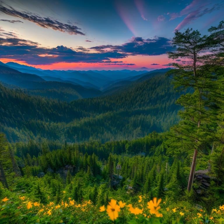 Prompt: A magical forest with glowing flowers and fireflies, long shot scenic professional photograph, perfect viewpoint, highly detailed, wide-angle lens, hyper realistic, polarizing filter, natural lighting, vivid colors, everything in sharp focus, HDR, UHD, 64K