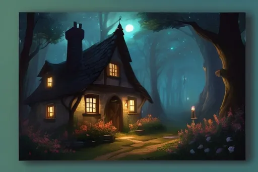 Prompt: fantasy, medieval painting, cozy cottage in a forest setting at night, midnight, overgrown flowers --ar 3:4 --style raw-bE80pIoCIeRgKFKI --v 5.2 --s 750