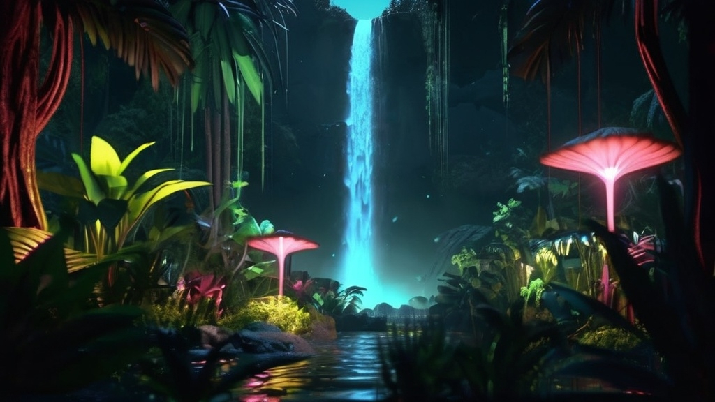 Prompt: Design a lush alien jungle at night time with exotic flora, glowing plants, and a mysterious waterfall with bioluminescent creatures. 3D Animation. Dark lighting. Dark Ambience