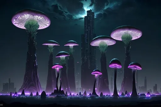 Prompt: An alien planet setting at night, midnight, city setting, tall buildings, glowing flowers, tall mushroom shaped plants,  --ar 3:4 --style raw-bE80pIoCIeRgKFKI --v 5.2 --s 750