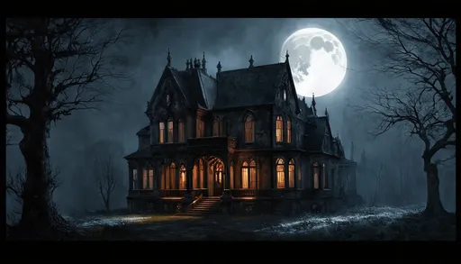 Prompt: (digital painting), gothic horror mansion, (dark color scheme), full moon illuminating the scene, eerie fog enveloping the landscape, dramatic shadows, intricate architectural details of the mansion, haunting atmosphere, moody, unsettling vibe, haunting beauty, ultra-detailed, 4K, captivating visual storytelling.