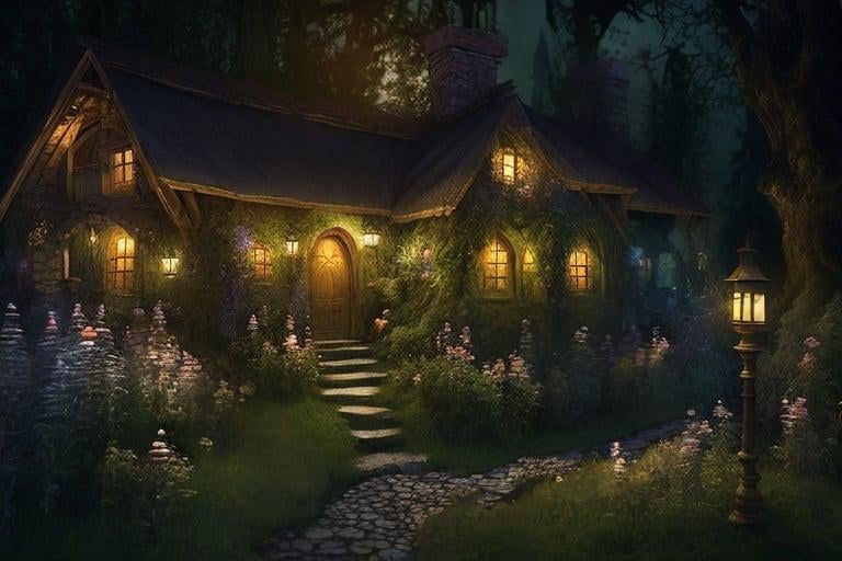 Prompt: fantasy, medieval painting, cozy cottage in a forest setting at night, midnight, overgrown flowers --ar 3:4 --style raw-bE80pIoCIeRgKFKI --v 5.2 --s 750