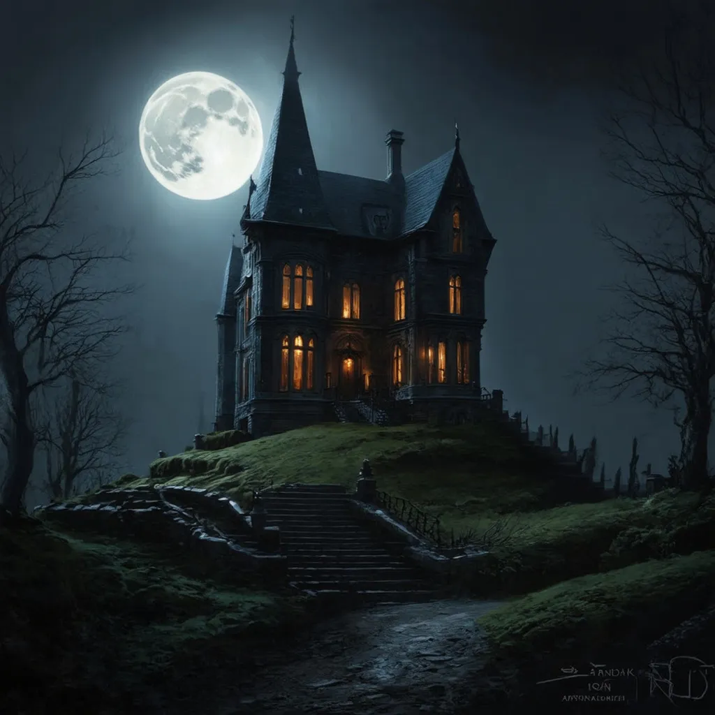 Prompt: (digital painting), gothic horror mansion, (dark color scheme), towering hill, full moon illuminating the scene, eerie fog enveloping the landscape, dramatic shadows, intricate architectural details of the mansion, haunting atmosphere, moody, unsettling vibe, haunting beauty, ultra-detailed, 4K, captivating visual storytelling.