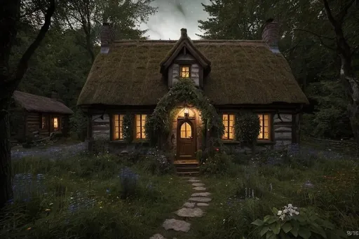 Prompt: fantasy, medieval painting, cozy cottage in a forest setting at night, midnight, overgrown flowers --ar 3:4 --style raw-bE80pIoCIeRgKFKI --v 5.2 --s 750