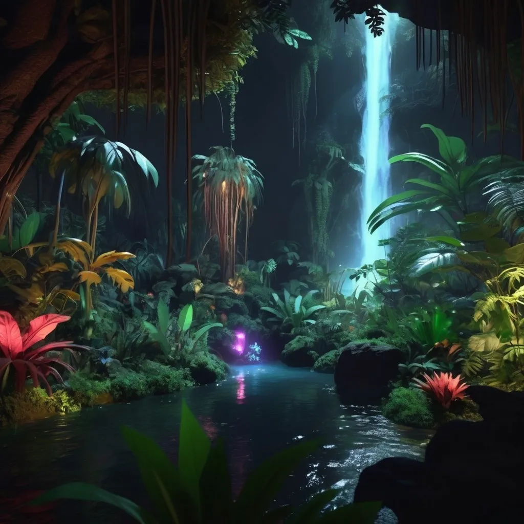 Prompt: Design a lush alien jungle at night time with exotic flora, glowing plants, and a mysterious waterfall with bioluminescent creatures. 3D Animation. Dark lighting. Dark Ambience