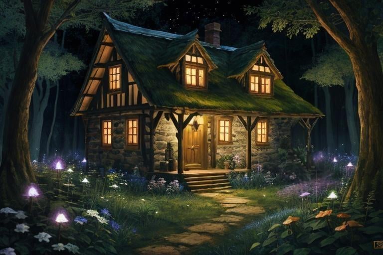 Prompt: fantasy, medieval painting, cozy cottage in a forest setting at night, midnight, overgrown flowers --ar 3:4 --style raw-bE80pIoCIeRgKFKI --v 5.2 --s 750