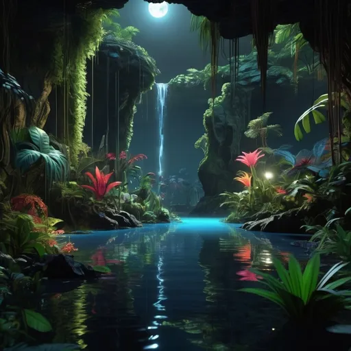 Prompt: Design a lush alien jungle at night time with exotic flora, glowing plants, and a mysterious waterfall with bioluminescent creatures. 3D Animation. Dark lighting. Dark Ambience