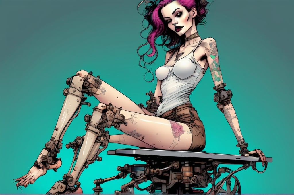 Prompt: girl on gurney, right leg and left hand amputated and fitted with mechanical limbs, dark, laboratory, Victorian, photorealistic, pulp style, sinister.