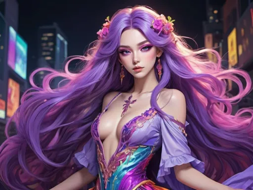 Prompt: Anime-style cross-dresser, vibrant and colorful, digital art, long flowing natural hair with airtouch, detailed makeup, fantasy setting, high quality, anime, vibrant violet colors, detailed makeup, fantasy, digital art, feminine pose, professional lighting