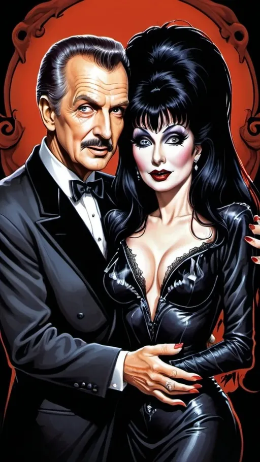 Prompt: a very detailed illustration of "Elvira, Mistress of the dark" and Vincent Price in an embrace