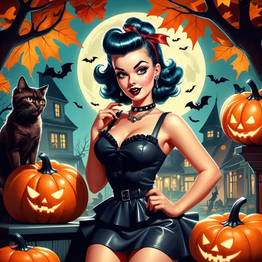 Prompt: illustration of a (50's style pinup girl), (punk flair), vibrant colors, playful atmosphere, Halloween theme, dramatic shadows, retro outfit with edgy accessories, mischievous expression, colorful autumn leaves in background, glowing pumpkins, spooky decorations, high contrast, eye-catching style, ultra-detailed, 4K quality, capturing the essence of vintage charm mixed with contemporary rebellion.