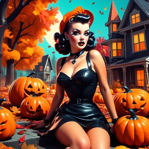 Prompt: (50's style pinup girl), (punk flair), vibrant colors, playful atmosphere, Halloween theme, dramatic shadows, retro outfit with edgy accessories, mischievous expression, colorful autumn leaves in background, glowing pumpkins, spooky decorations, high contrast, eye-catching style, ultra-detailed, 4K quality, capturing the essence of vintage charm mixed with contemporary rebellion.