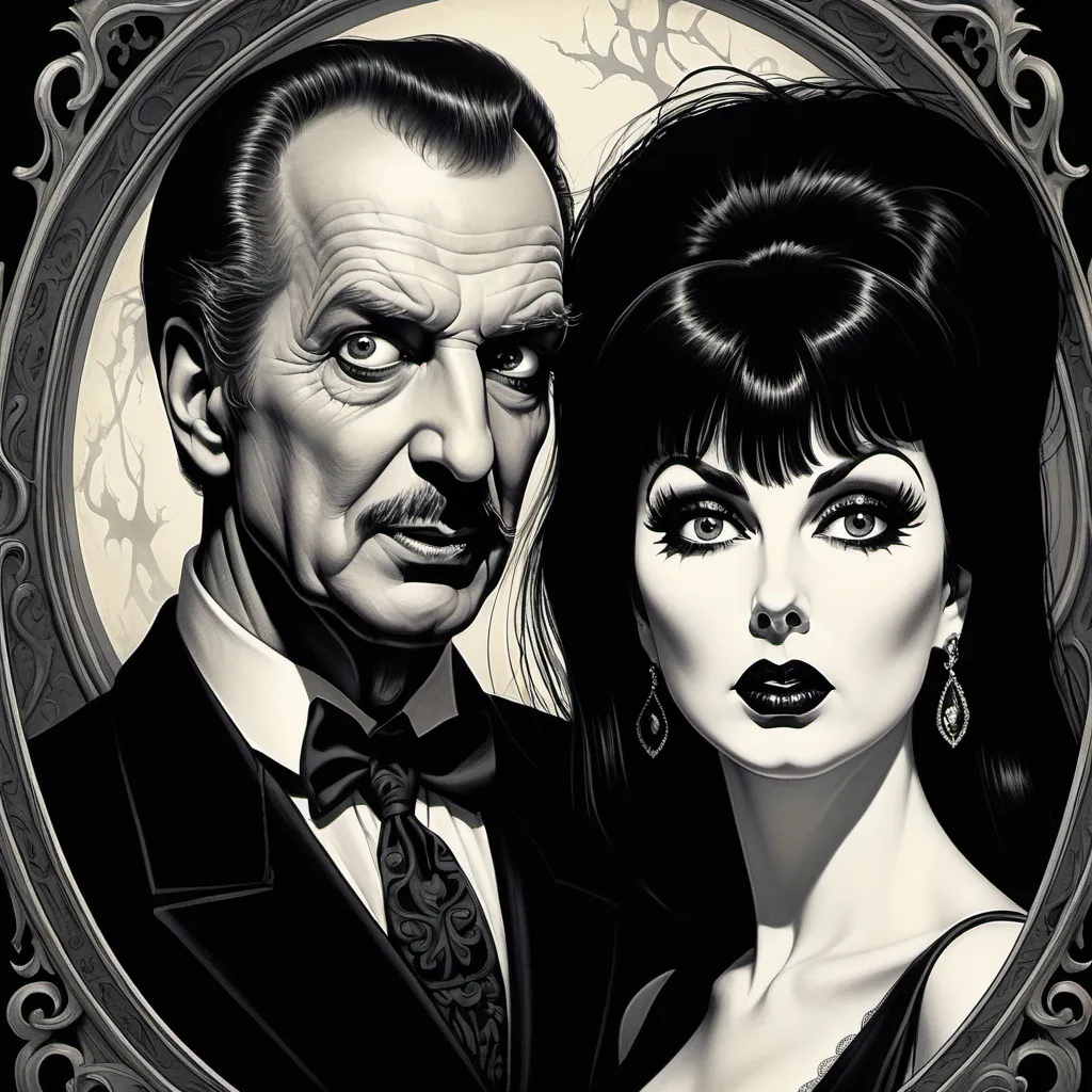 Prompt: a very detailed and sophisticated illustration of the infamous "Elvira, Mistress of the Dark" and "Vincent Price".  Dark, creepy, gothic, captivating, romantic,  paying homage to vintage movie posters