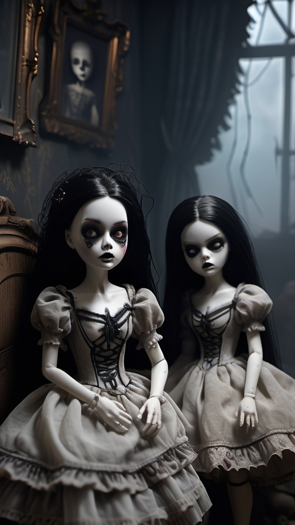 Prompt: Creepy dark gothic dolls, (highly detailed), sinister expression, porcelain faces, tattered dresses, and intricate accessories, eerie fog-shrouded background, haunting atmosphere, dim lighting, shadows dancing, (highly textured) fabric, intricate carvings on furniture, sepulchral ambiance, (4K) ultra-detailed realism, chilling elements like spider webs and cracked mirrors, unsettling color tones, deep blacks, and muted grays, invoking fear and curiosity.