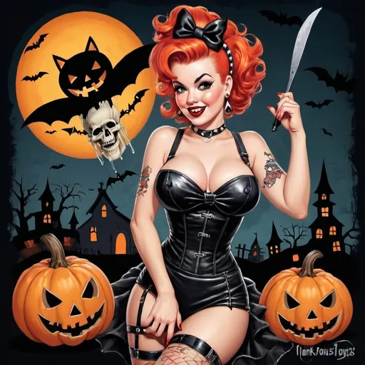 Prompt: pinup style halloween art with a punk theme that say happy halloween
