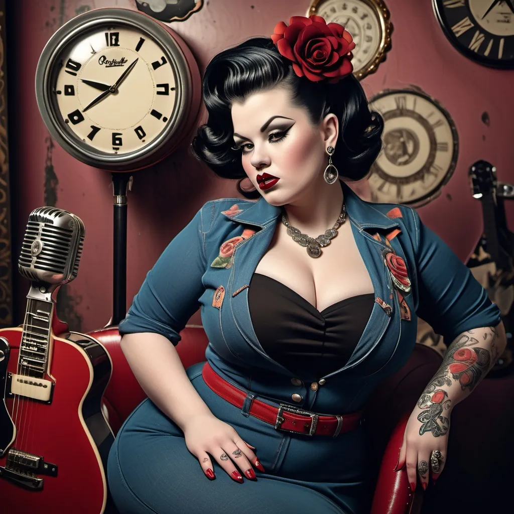 Prompt: rockabilly grunge style, 50's era beautiful plump woman, high fashion, beautifully detailed, intricate designs, rich textures, glamorous, striking contrasts, vintage vibe, muted colors with pops of bold tones, luxurious background elements, elegant and sophisticated composition, ultra-detailed, high quality, showcasing allure and style with a rock n roll vibe in a pose that she's fed up and giving advice