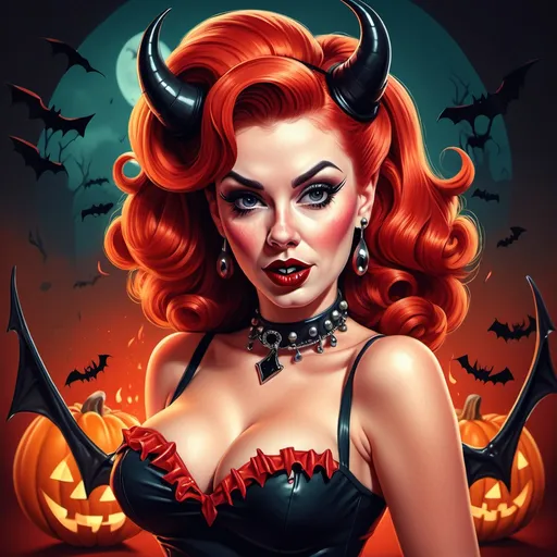 Prompt: (detailed and sophisticated illustration), pinup style rockabilly woman with red hair, dressed in a (vibrant) devil costume, 50's style, Halloween horror art, lively expression, stunning facial features, retro hair and makeup, playful pose, intricate detailing in costume, bold color contrasts, cinematic atmosphere, Halloween-themed background with spooky elements, (ultra-detailed) and high-quality art.