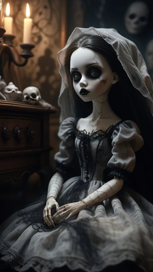 Prompt: Creepy dark gothic dolls, (highly detailed), sinister expression, porcelain faces, tattered dresses, and intricate accessories, eerie fog-shrouded background, haunting atmosphere, dim lighting, shadows dancing, (highly textured) fabric, intricate carvings on furniture, sepulchral ambiance, (4K) ultra-detailed realism, chilling elements like spider webs and cracked mirrors, unsettling color tones, deep blacks, and muted grays, invoking fear and curiosity.