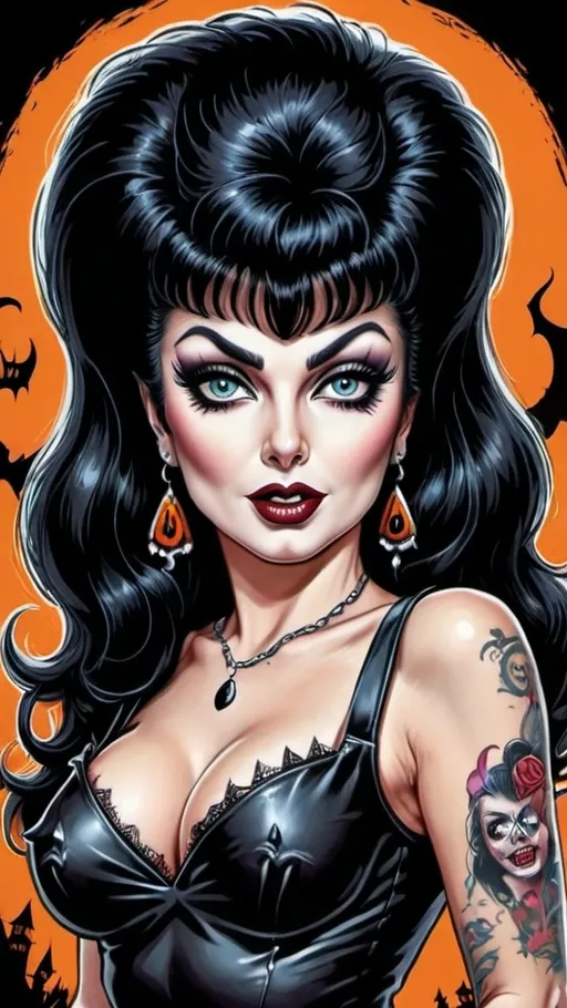 Prompt: a very detailed illustration of "Elvira, Mistress of the dark" as a 50's style beautiful pinup woman with a punk style  with tattoos  and posing in Halloween scenes